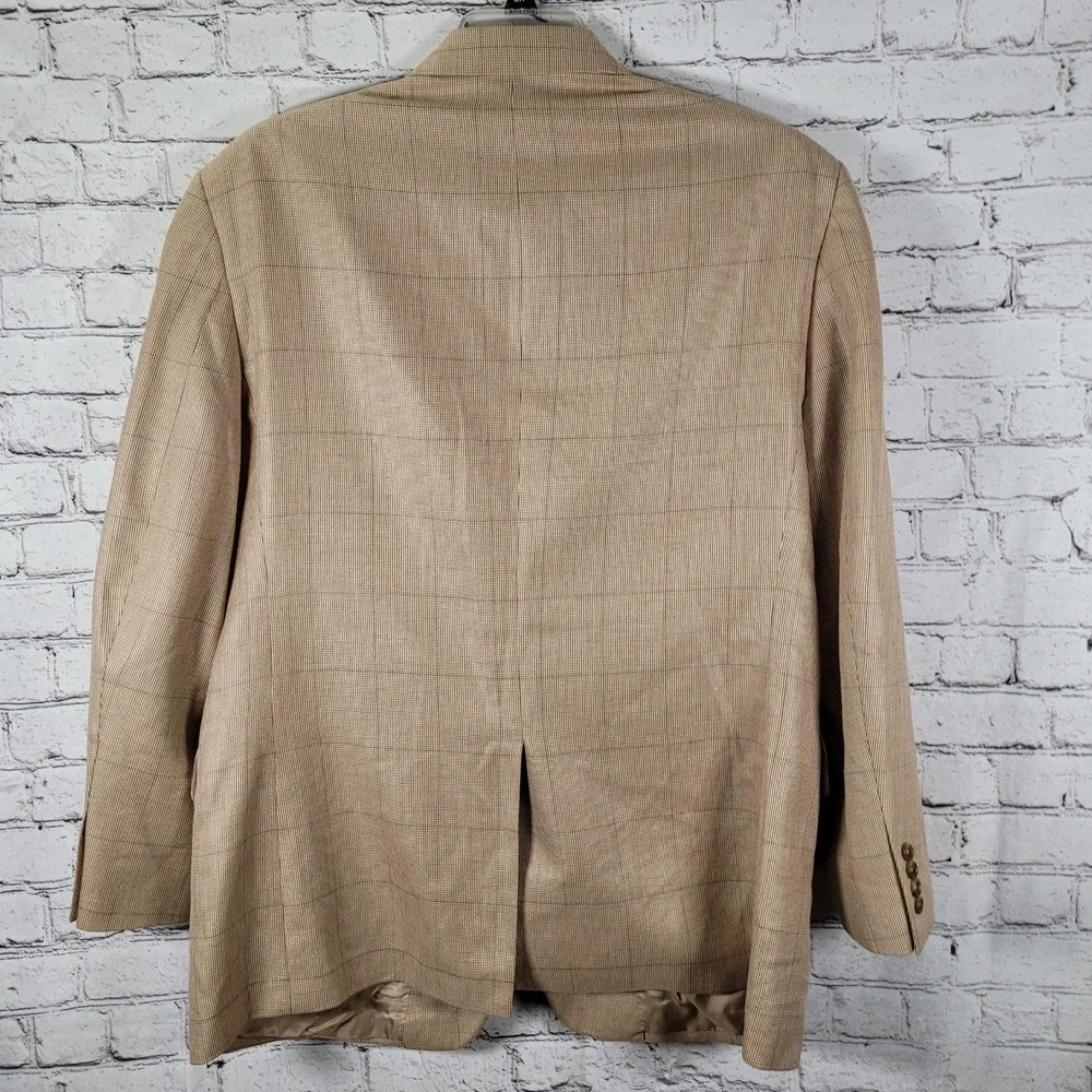Jos. A. Bank Blazer Mens 46R Tan Silk Camel Hair Windowpane Excellent Sport Coat